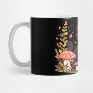 Black Cat With Yellow Bird in Mushroom Garden Mug